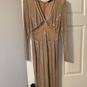 Banjul Nude Glitter Mesh Long Sleeve Evening Gown
